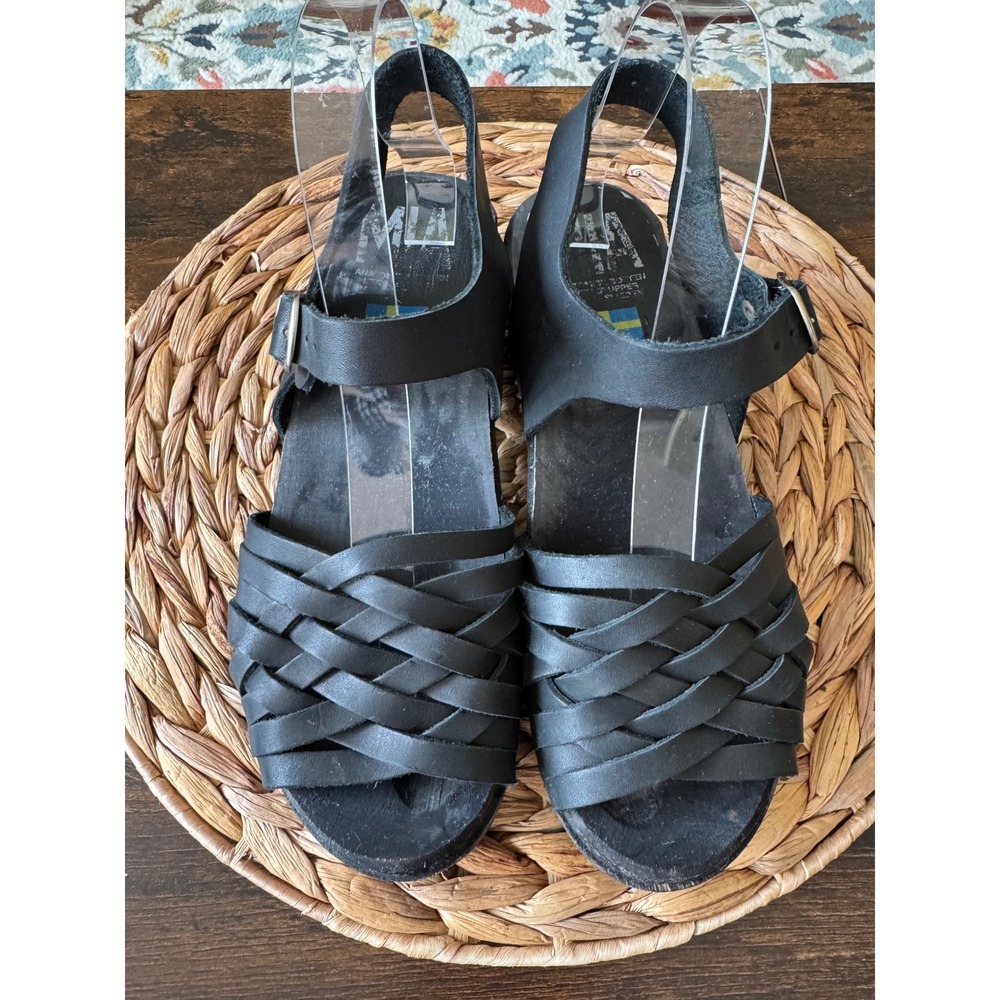 MIA Swedish Clogs Black Woven Leather Ankle Strap Wooden Platform Sandals 39